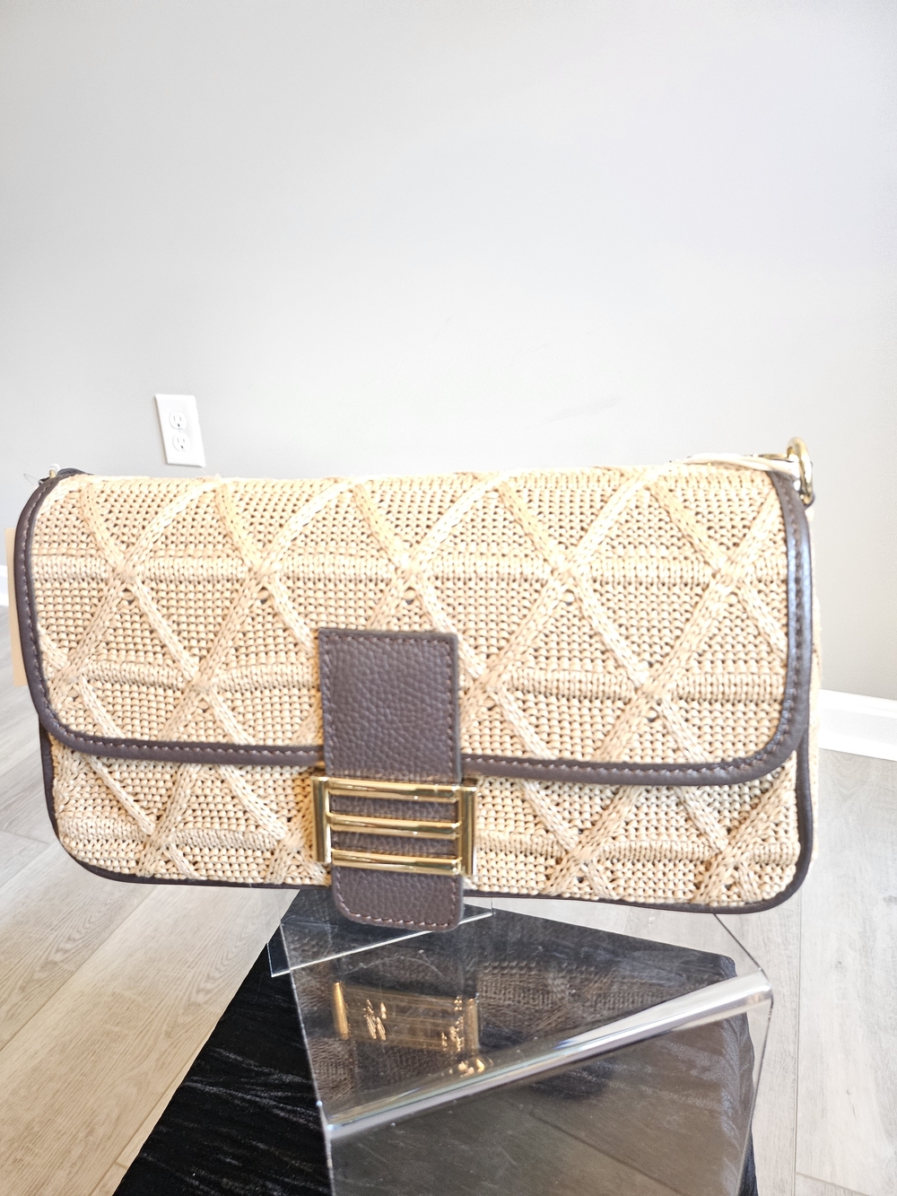 Divina Firenze – Beige Crochet & Brown Italian Leather Shoulder Bag (One Size)